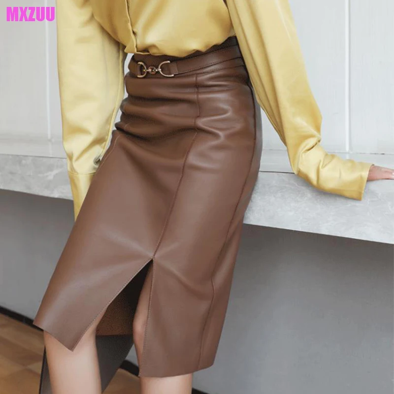 

Leather Skirt Women High Waist Wrap Hip Over The Knee One-Step Skirts Soft Sheepskin Plus Size Slim Faldas Elegantes De Mujer