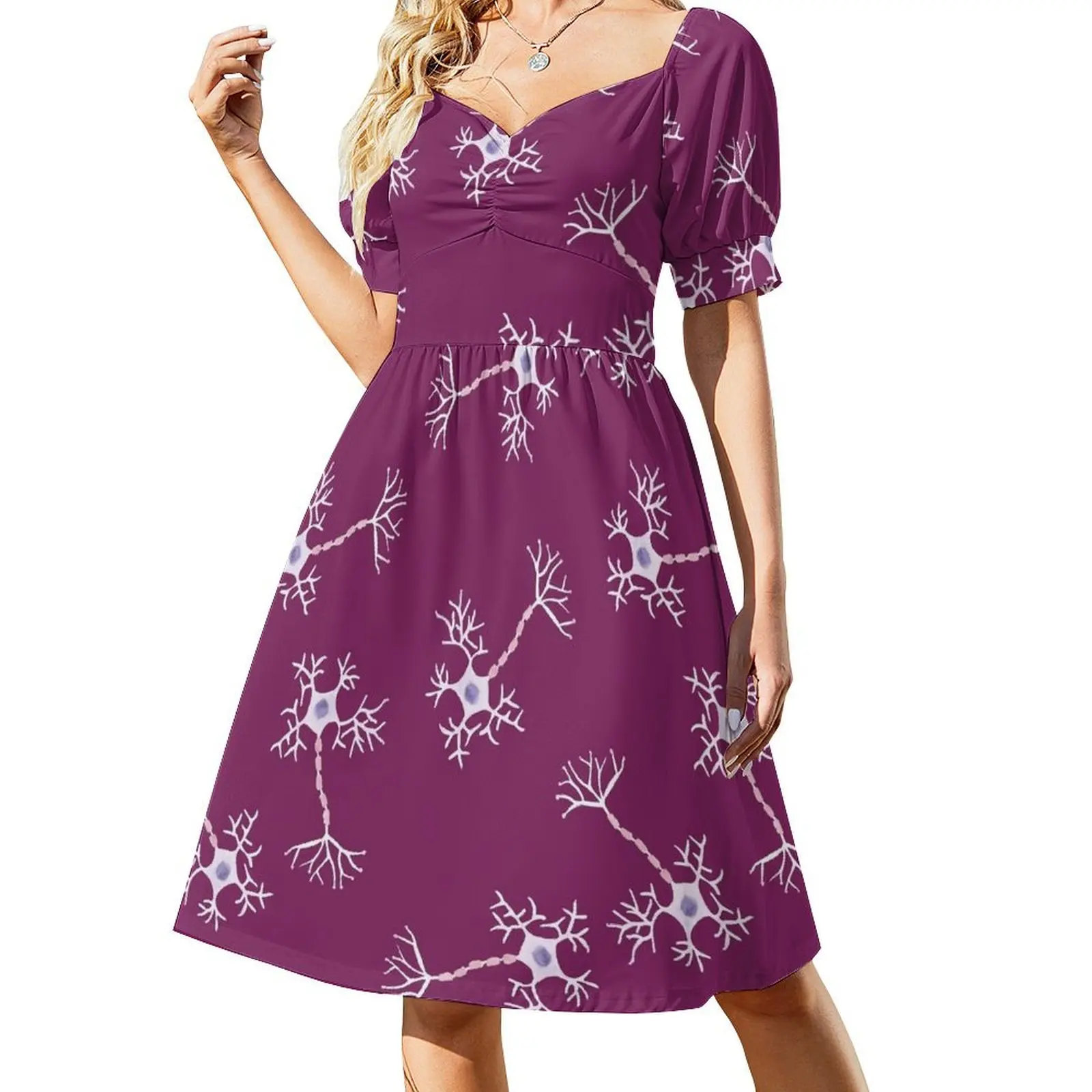 thumbnail image 1 of Vestido de manga corta con diseño de neurona de acuarela, ropa de verano, vestidos de mujer, vestido de lujo., 1 of 7