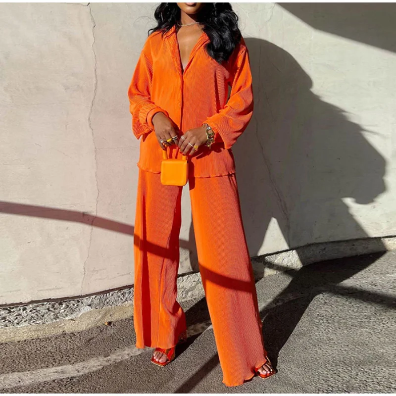 2023 Street Women's Set Long Sleeve Shirt Tops and Wide Leg Pants Elegant Tracksuit Two Piece Set Sweatsuit Fitness Outfits