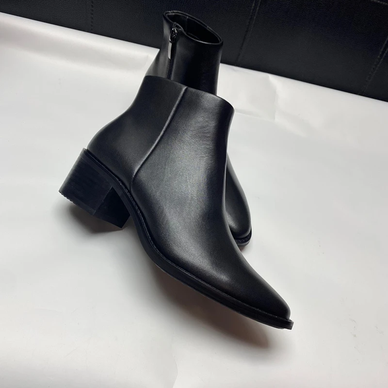 Withered Fashion Elegant Office Ladies Genuine Leather High-Heeled Chelsea Boots Retro Pointed Toe Cowhide Ankle Boots Women