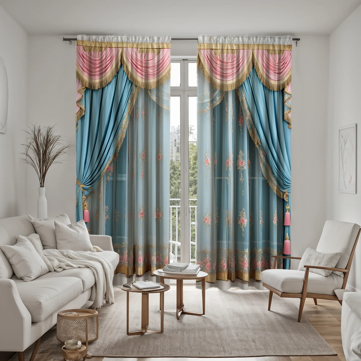 2pcs set HD Gold Lace Pink embroidery decoration simulation window curtain curtain Blue tie digital printed curtain Home Deco 6