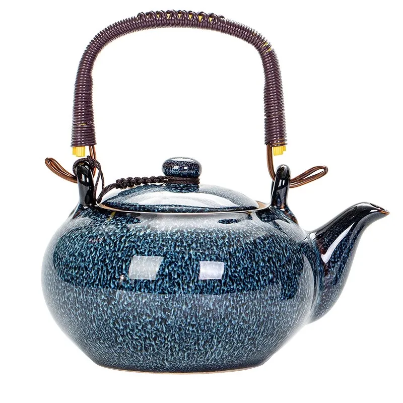 750ML Tianmu Glazed Kiln Transformed Into A Lifting Beam Pot Large Capacity Ceramic Teapot Household Kung Fu Tea Set