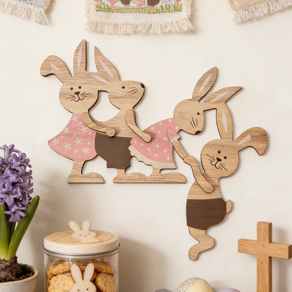 1PC, Easter four rabbit-shaped wall decoration pendant, cartoon wooden Easter wall decoration