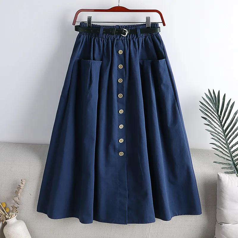 Single Breasted Skirt Women Spring 2022 Autumn Fashion High Waist Pleated Skirt Female A Line Skirt With Belt