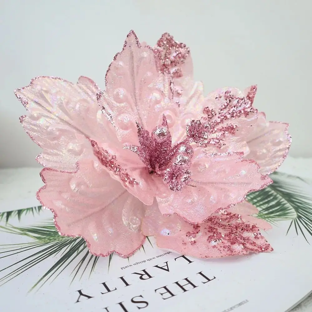New 25CM Artificial Silk Flower Pink Sequin Fabric Flower Arrangement Ins Style Silk Decorating Flowers Christmas Tree