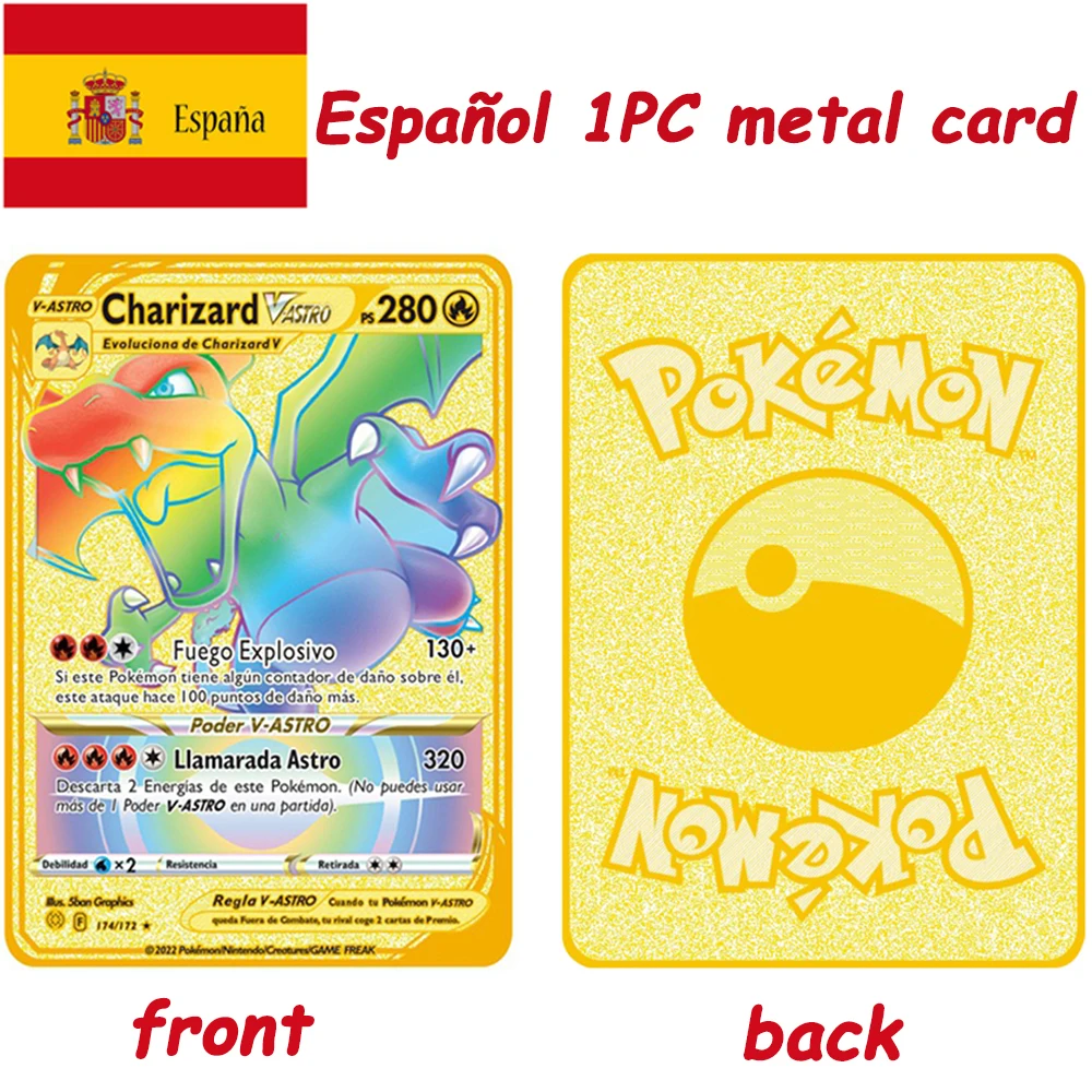 Cartes de jeu Pokémon GX V VMAX en métal arc-en-ciel, anglais, français,  espagnol, allemand, italien, bataille, cadeaux de fête des enfants -  AliExpress