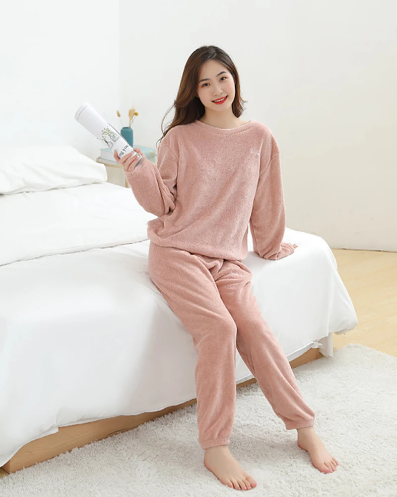 Women Winter Warm Flannel Pyjamas Suit Thick Coral Fleece Top+