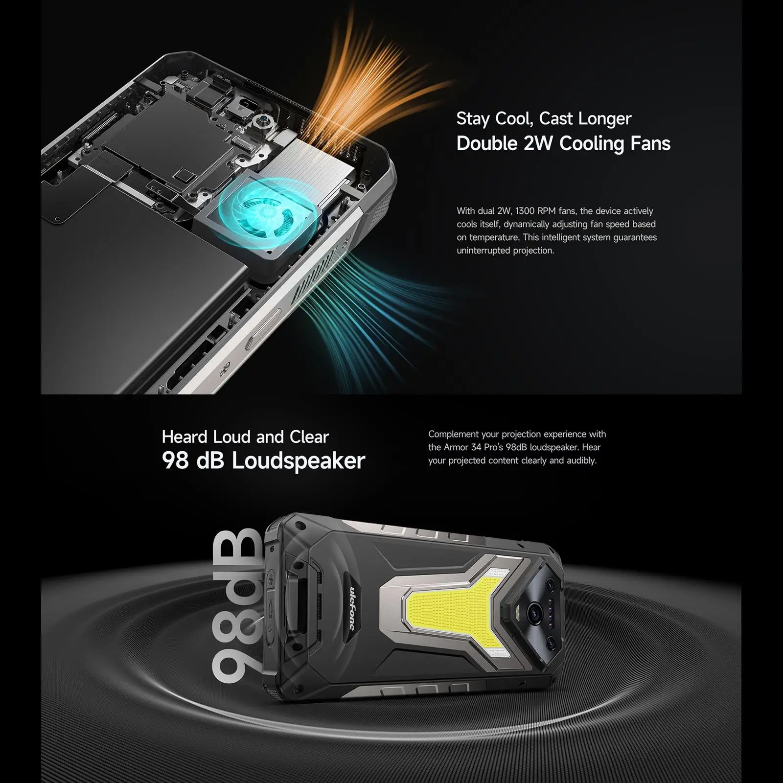 Ulefone Armor 34 Pro Rugged Phone 6.95'' 16GB+512GB Projector Night Vision Android 15 Dimensity 7300 25500mAh 5G Smartphone