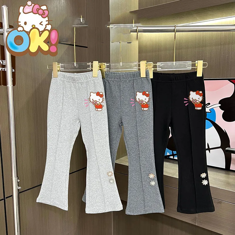

New Kawaii Products Sanrio Children Trousers Hello Kittys Cute Anime Printing Warm Wide Leg Flare Pants Y2K Funny Creative Gift
