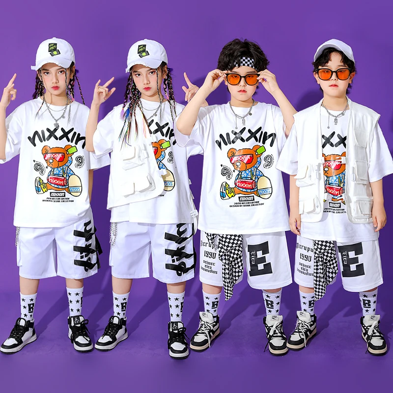 

New Jazz Modern Dance Rave Clothes for Children Hip Hop Dance Performance Costumes Loose Vest Cartoon T Shirts Kids Streetwear