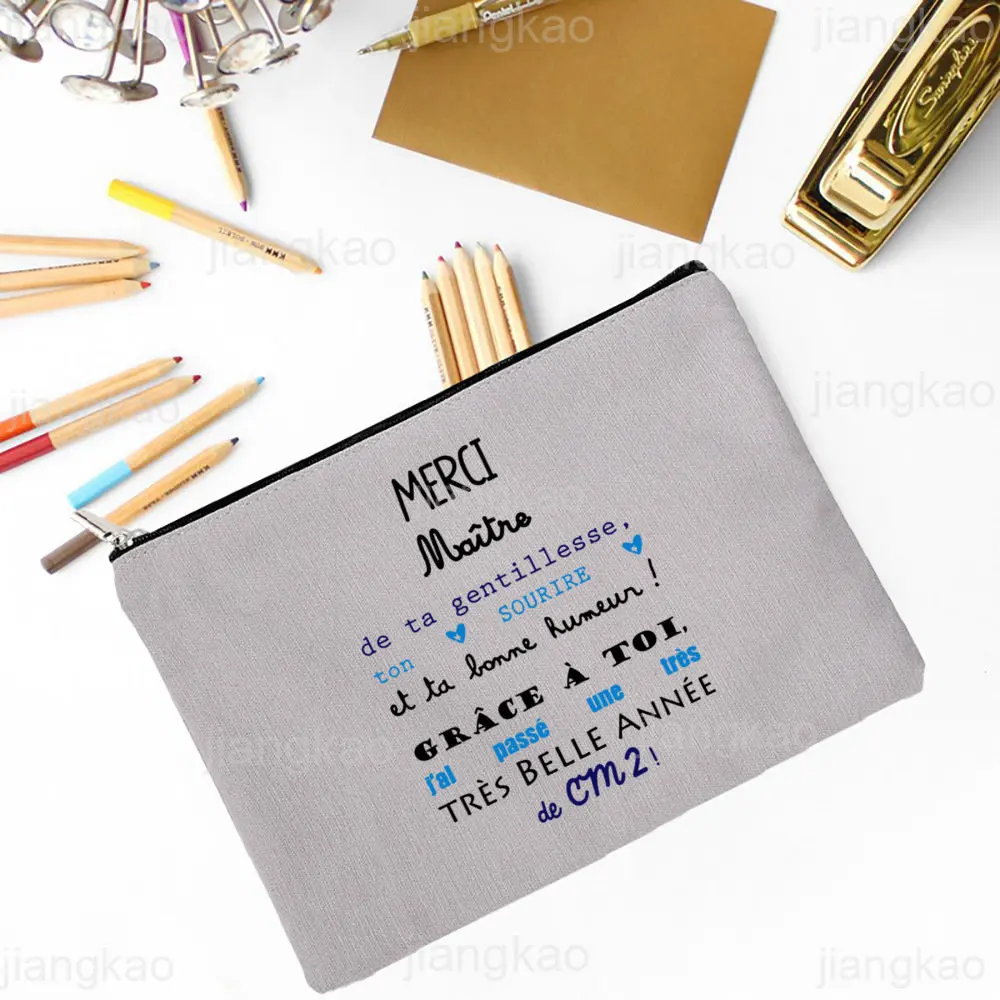 Merci Maitre Merci Maitresse Print Cosmetic Bag Women Men Makeup Pouch Travel Toiletry Organizer Teacher's Day Graduation Gift