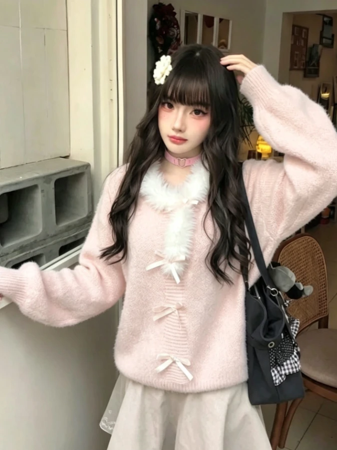 Harajuku Preppy Sweet Knit Pullovers Women Casual Bow Decor Warm Soft Girl Daily Pullover Top Japanese Kawaii Cute Autumn Winter