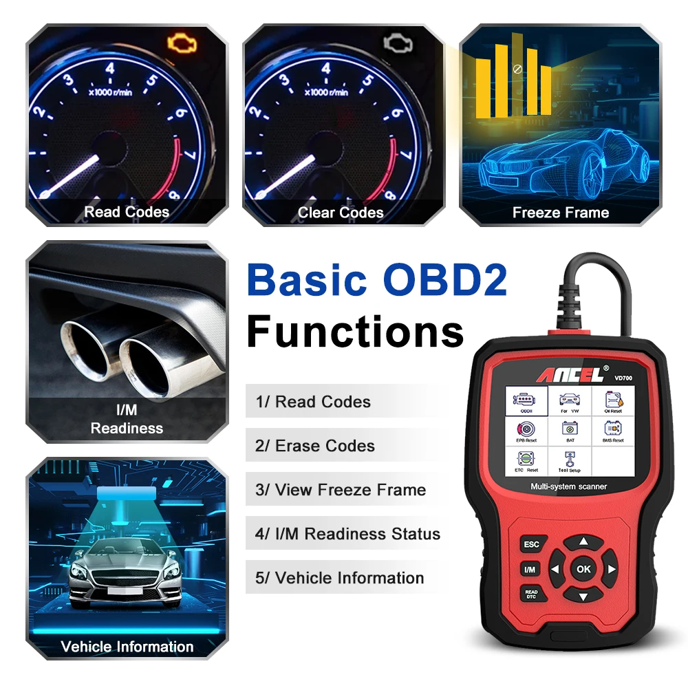 Ancel VD700 OBD2 Code Reader All System Scan Airbag ABS Oil EPB Reset OBD Auto Tools For VW For Audi Car Diagnostic Tool