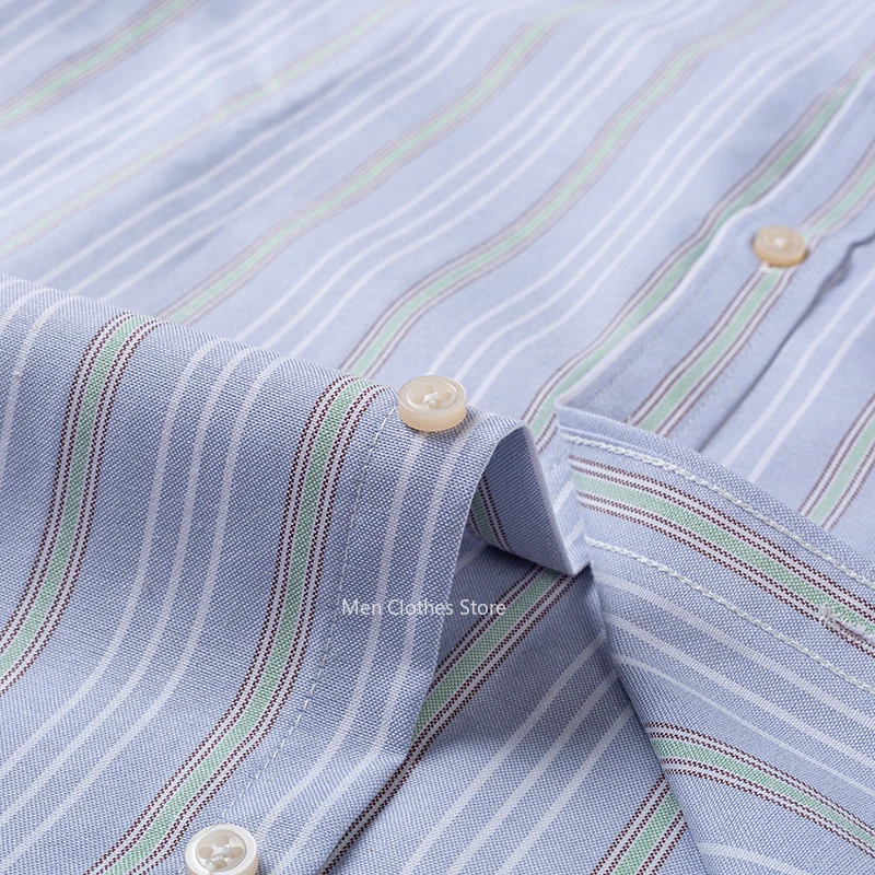 Men's Summer Short Sleeved Shirt Oxford Cotton Plaid Stripe Solid Color Comfortable Breathable Business Leisure Men Clothes 4