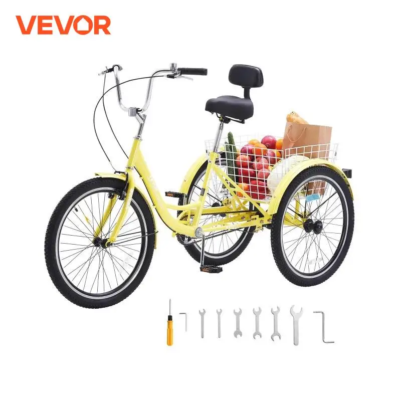 Adult Tricycles Bike Carbon Steel With Basket 1 Speed Adjustable Seat Picnic Shopping For Seniors Women Men 20/24/26Inch