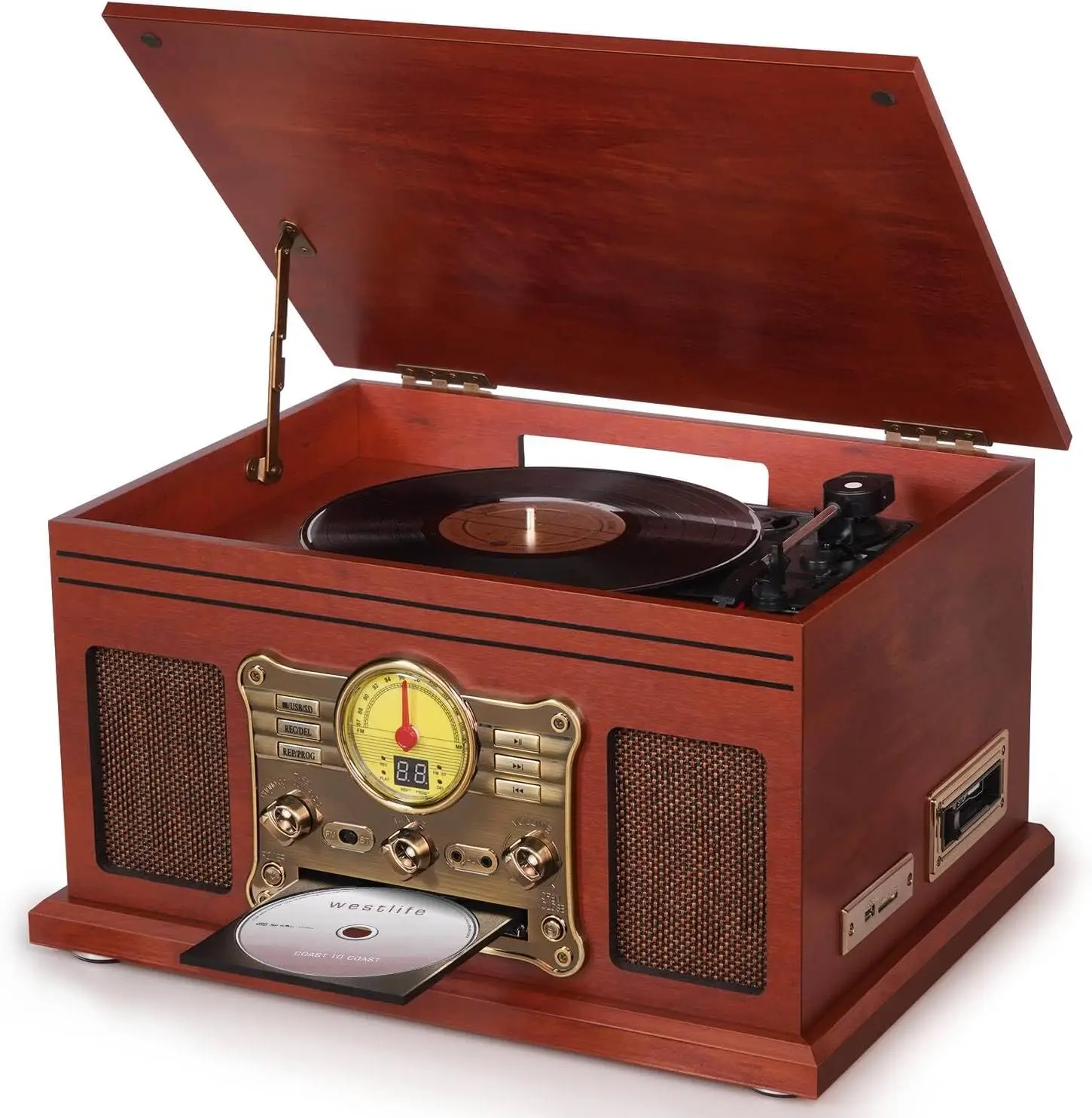 Toca-discos Bluetooth 10 em 1, Turntable de 3 Velocidades para Vinil com Alto-falantes, Conversor de LP para MP3, CD, Tocador de Cassete, Rádio FM