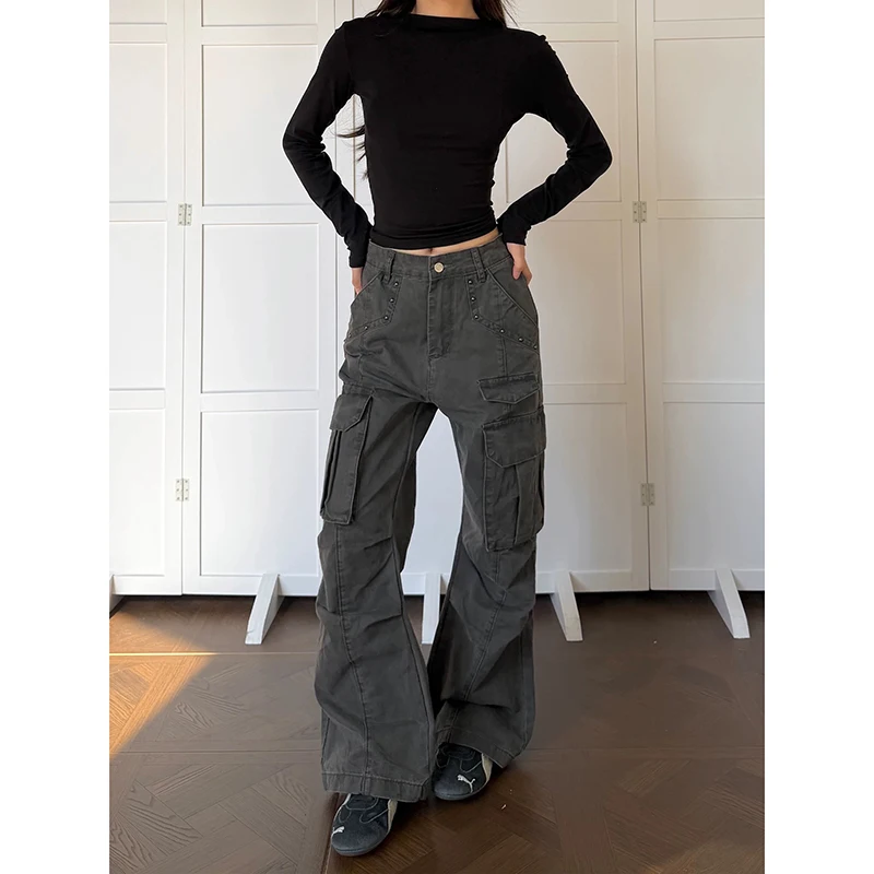 YIBASHU Women Vintage Gray Gothic Cargo Jeans Y2k High Waist Wide Leg Denim Trousers Harajuku Baggy Jeans Pants 2000s Clothes 3