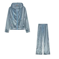 Automne femmes survêtement avec fermeture éclair velours surdimensionné solide décontracté deux pièces ensemble femmes classique sport à capuche pantalon costumes pour les femmes 3