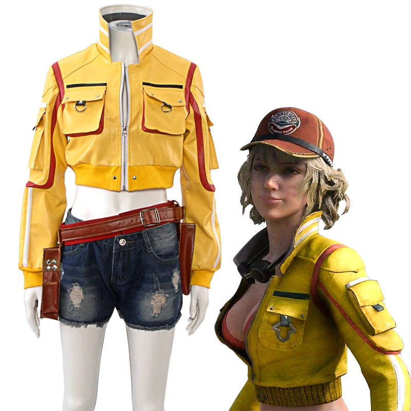 

Game Final Fantasy XV Cosplay Cindy Aurum Costume Women's Yellow Coat Shorts Motorcycle Suit Halloween Role Play Outfit