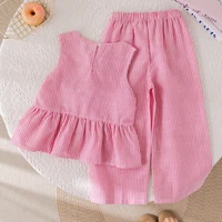 Humor Bear-Costumes d'été pour filles, ensemble deux pièces rose à rayures verticales, nœud en fibre, haut + pantalon, vêtements doux pour enfants 2