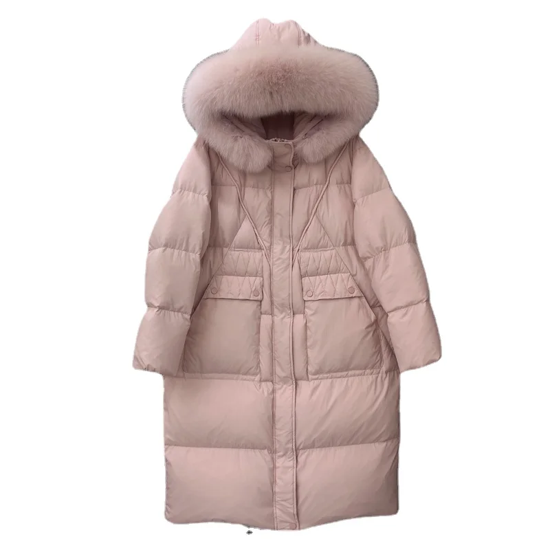 Mid-Length Over The Knee Hood Big Fur Collar White Duck Down Coat Female 2023 Winter New Thick Loose Puffer Jacket Women