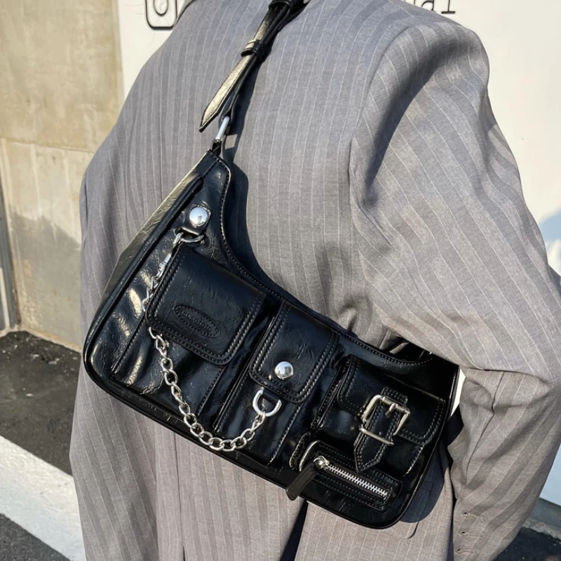 

Y2k Cool Girls Fashion Shoulder Bags Black Gothic Women's Pocket Zipper Handbags Retro Motor Design Female Chain Underarm Bag