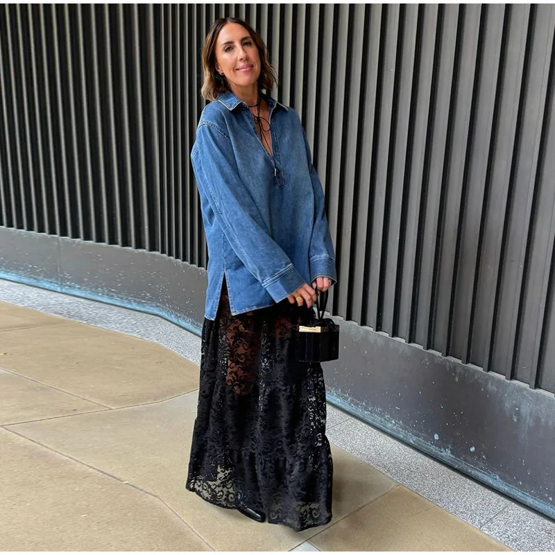 Elegant Floral Lace Hollow Out Skirts Women Sexy Retro Solid Low Waist Long Skirt Female Korean Autumn Summer Loose Versatile