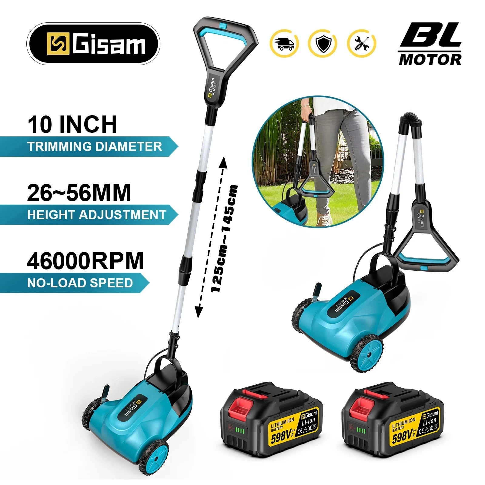 GISAM Cortador de Grama Elétrico 46000RPM, motor brushless, aparador de grama sem fio, ferramenta de jardim com 3 ajustes de altura, compatível com pinos de bateria Makita 18V