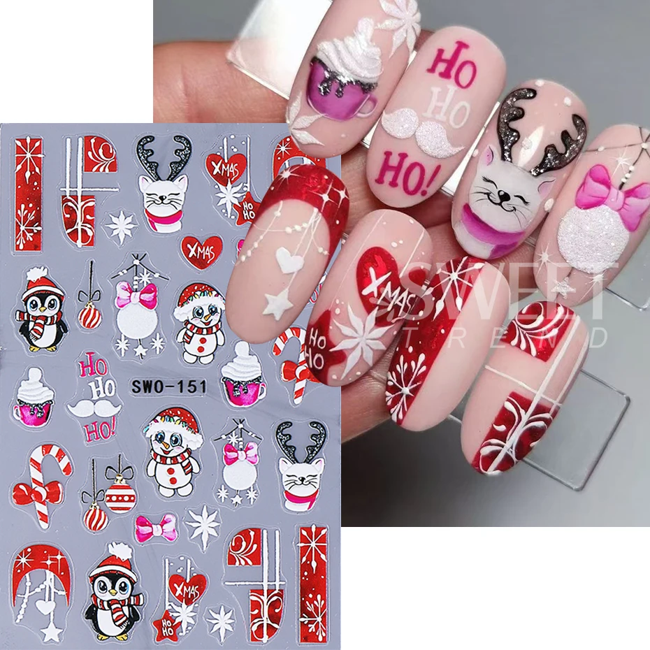 2pcs Embossed Christmas Nail Stickers 3D Cute Penguin Elk Snowflake Holly Nail Decals New Year Manicure Decoration Nail Supplies