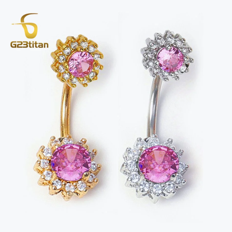 Gold Pink Color Alloy Floral Resin Rhinestone Sexy Body Navel Ring main image 1