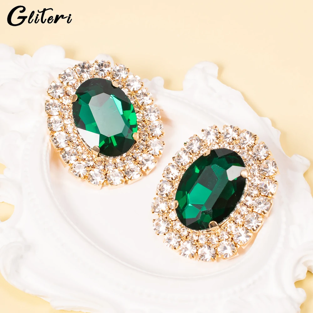 GEITERI 1Pair 2023 Fashion Shiny Oval Zircon Earrings For Women Girls Green Crystal Round Stud Earring Jewelry Party Gifts New