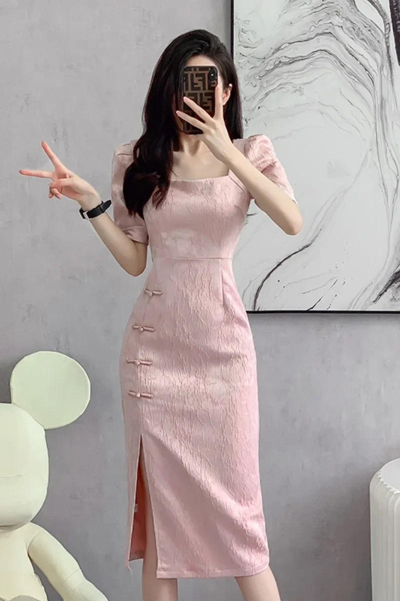 Ofallsis Pink Vintage Fashion Temperament Gentle Improved Cheongsam Dress Summer New Gentle Elegant Style Long Dresses