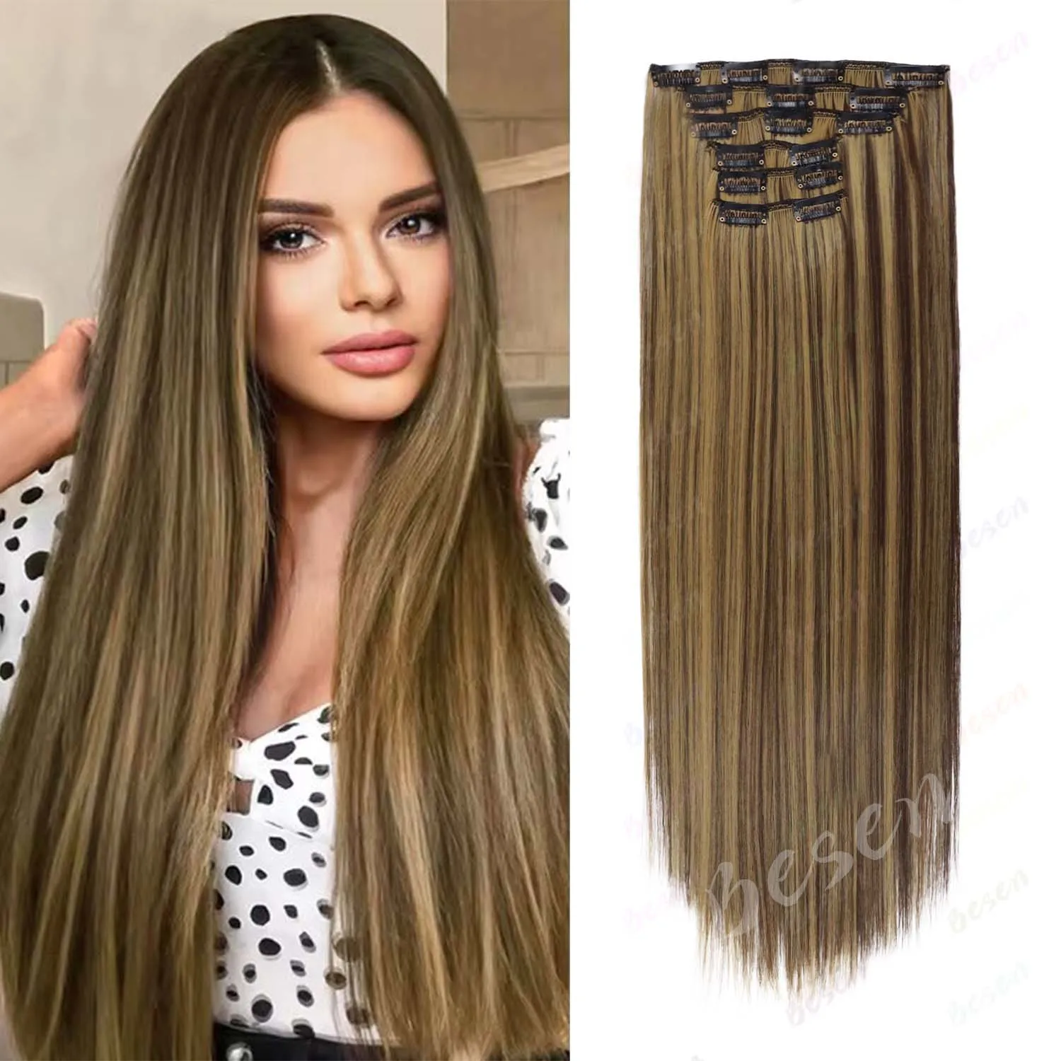 תוספות שיער סינטטיות באורך 24 אינץ', 16 קליפסים, שיער ישר ארוך בצבע בלונד ושחור לשימוש יומיומי, תוספות שיער מרובות צבעים