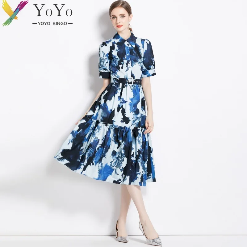 

YoYo Bingo Formal Elegant Blue Print Puff Sleeve Belt A-line Shirt Fishtail Dresses 2023 Autumn Slim Bodycon Chic Party Dress