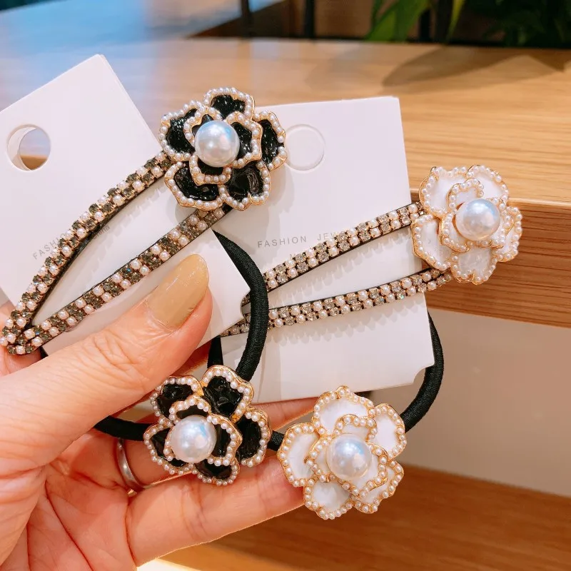 Korean Fashion New Pearl Camellia Flowers Ladies Hair Clip Elastic  Ties with Floral Girl Accessories Cheveux for Women