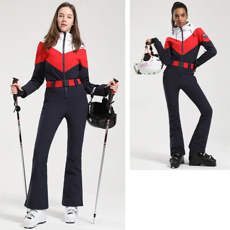 One-piece Ski Suit Female Snowbard Retro Slim Waist Windproof Waterproof Warm Hooded Jacket Pants Set Snow Outfit for Women