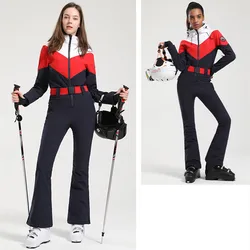 One-piece Ski Suit Female Snowbard Retro Slim Waist Windproof Waterproof Warm Hooded Jacket Pants Set Snow Outfit for Women