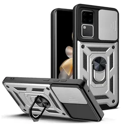 Rugged Armor Case with Lens Protection and Magnetic Ring Holder for VIVO V27 Pro (Silver)