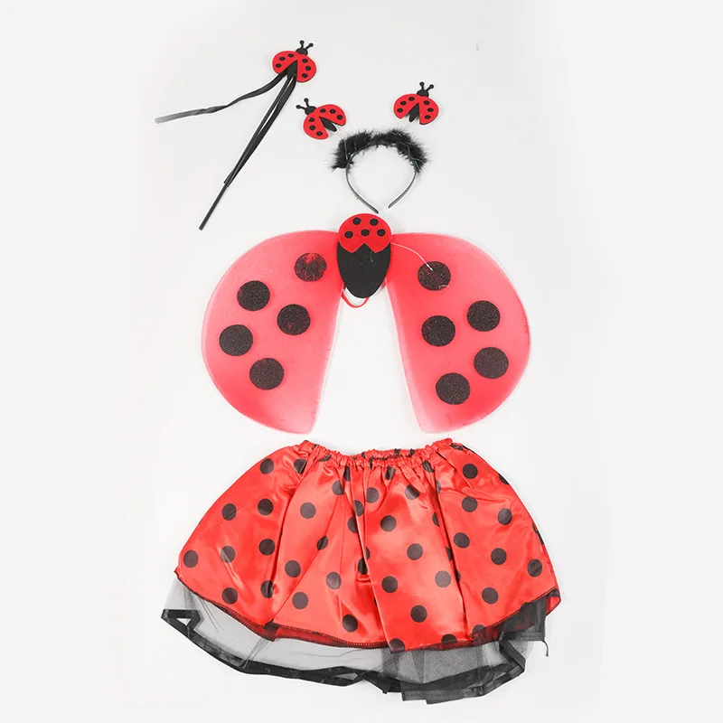 Girls Ladybug Ladybird Fairy Costume Sets Birthday Party Wings Dress Up for Halloween Tutu Magic Wand Headband Cosplay Props