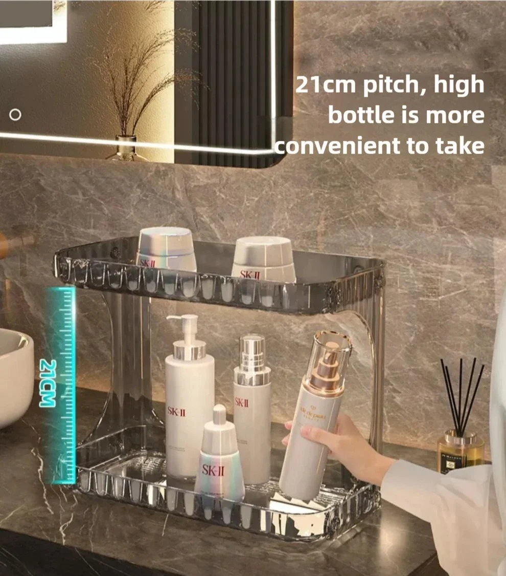 White double-layer bathroom storage rack with toiletries, cosmetics, and skincare products on display.