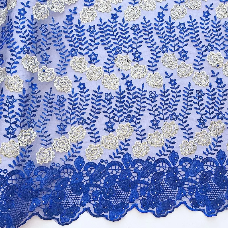 

African Laces Net Fabrics Royal Blue Beaded Nigerian Lace Fabric High Quality 5 Yards French Tulle Lace Fabric for Women Dress