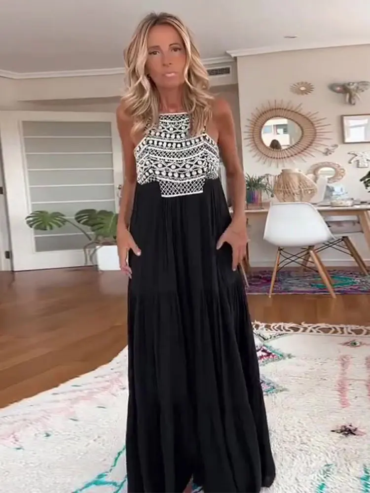 

Maxi Dresses Fashion Elegant Chic Party Vacation Clothing Women Patchwork A-line Sling Long Robes Sexy Sleeveless Backless