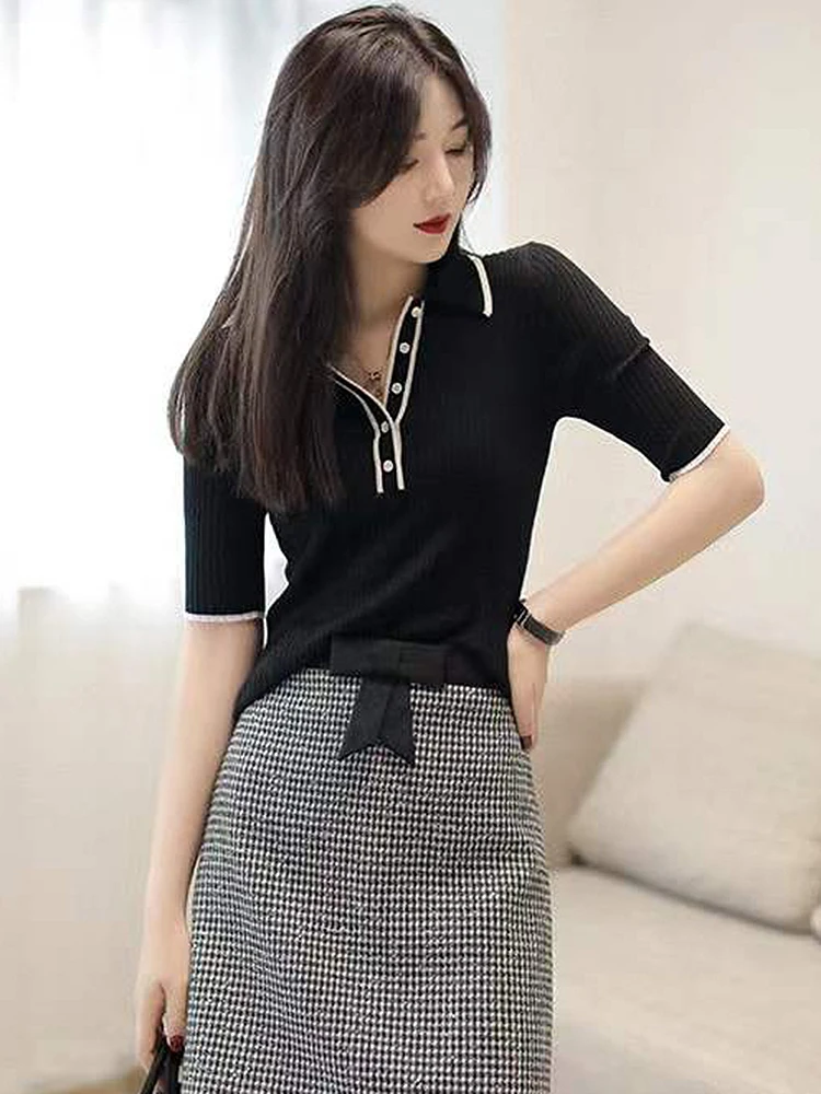 

2022 Polo Collar Knit Tee Shirt Femme Casual Fitted Short Sleeve Top WomenBlack Tshirt Camisetas Mujer Manga Corta