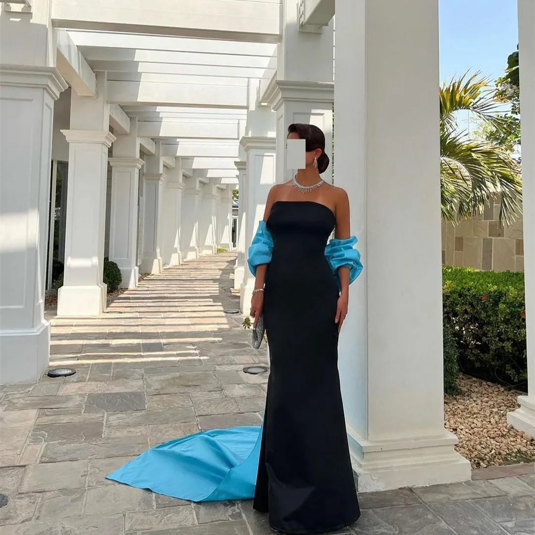 

Vintage Long Satin Crepe Evening Dresses With Train Mermaid Party Gowns Black Sweep Train Prom Dress فساتين السهرة for Women