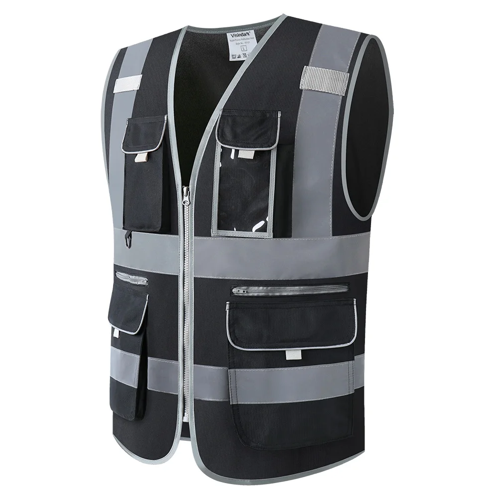 9 Multi-Pockets Black Safety Vest Reflective with Pockets and Zippers Construction Reflective Work Vest For Men Plus Size