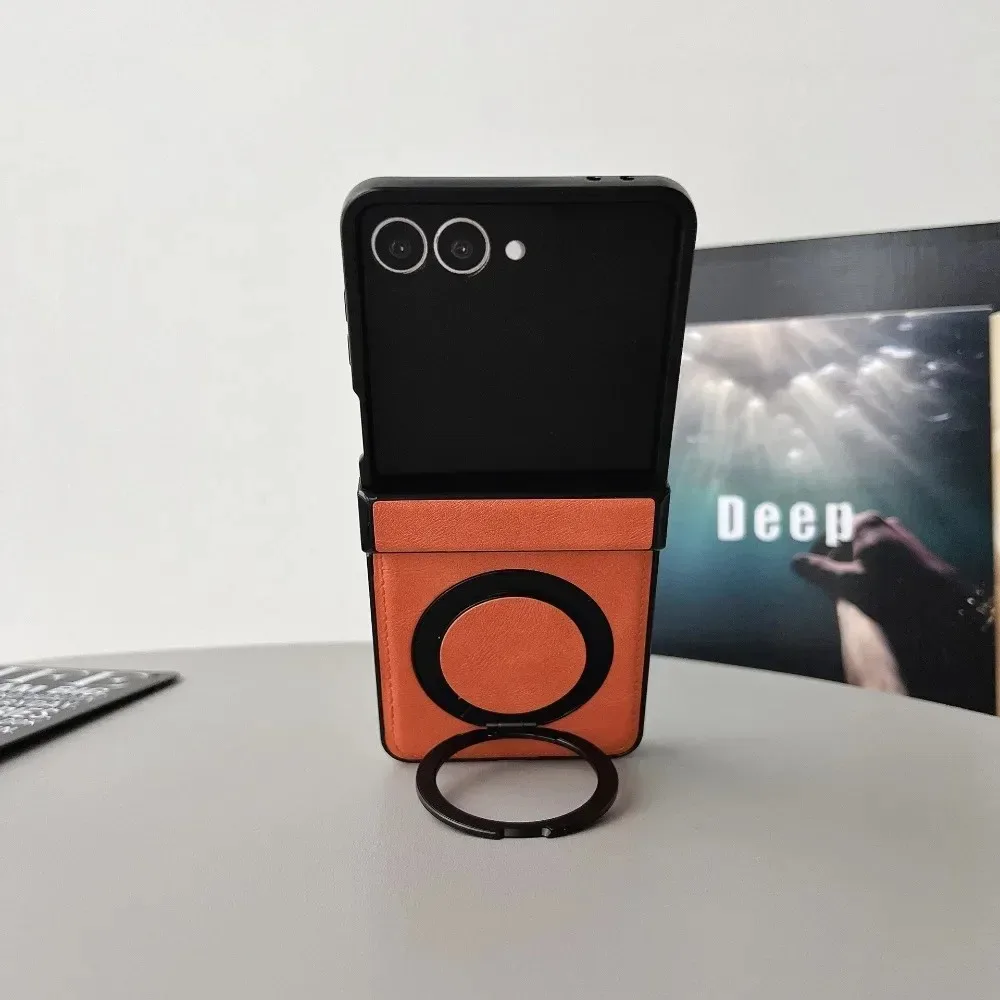 Magnetic Leather Foldable Phone Case with Magsafe Ring Holder and Hinge Protection