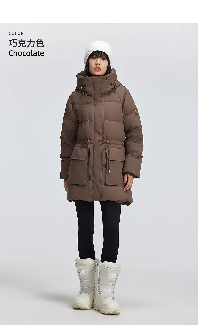 Metersbonwe Women's Adjustable Waist Drawstring Down Coat Puffer 85% Duck Down Hooded Patch Pockets Warm Winter Puffer Jackets