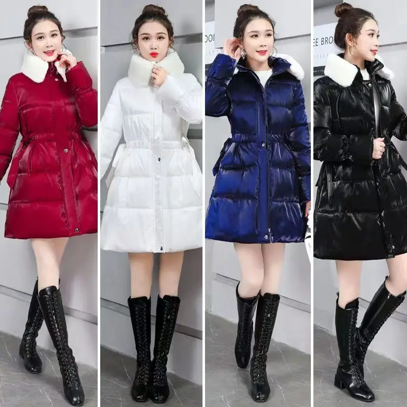 Fdfklak Winter Cotton Jacket Korean Slim Large Fur Collar Thickened Medium Long Ladies Wear Cotton Jacket Female Outwear Parkas