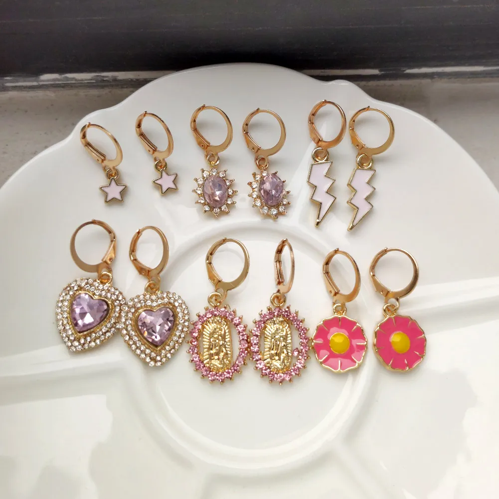 Trendy New Cute Drop Glaze Star Flower Lightning Orecchini Set Per Donna Ragazza Shine Pink Crystal Heart Ovale Huggie Orecchini Gioielli