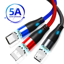 5A Magnetic USB Type C Cable For iPhone 13 12 Pro Max Samsung Xiaomi 9 Redmi Huawei Fast Charging Mobile Phone Charger Data Cord tanie tanio QICHSHJIN LIGHTNING TYPE-C Micro USB CN (pochodzenie) USB A Magnetyczne With LED Indicator Fast Charging Cable Data Cable
